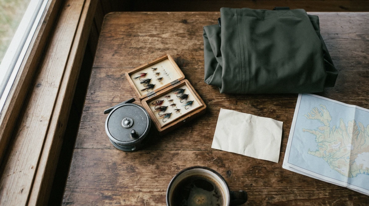 Fly reel, a box of salmon flies, folded waders, a paper permit slip and a map on a cabin table, preparing a fishing license in Iceland