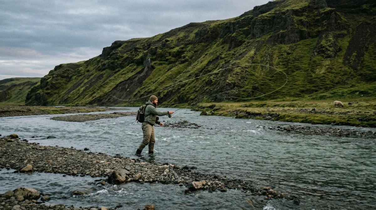 Fly angler in chest waders casting across a clear braided river under a green lava slope, fly fishing in Iceland