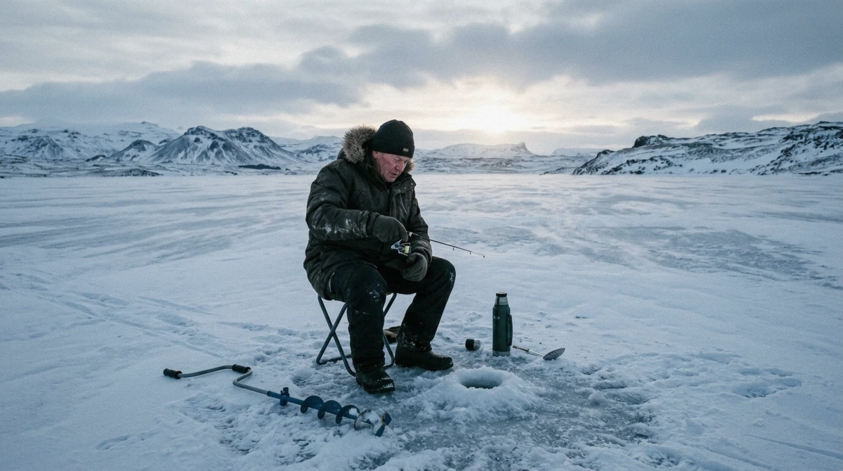 Angler jigging through a hole in a frozen lake in North Iceland at low winter sun, ice fishing in Iceland