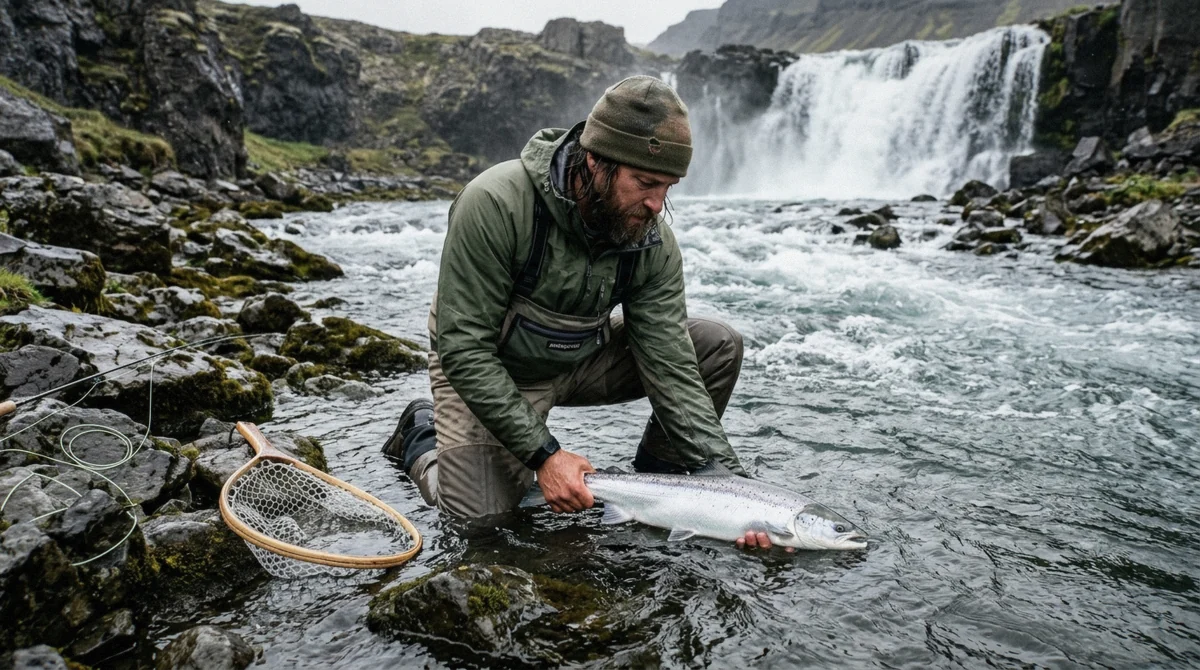 Angler releasing a silver Atlantic salmon into a fast river below a waterfall, salmon fishing in Iceland