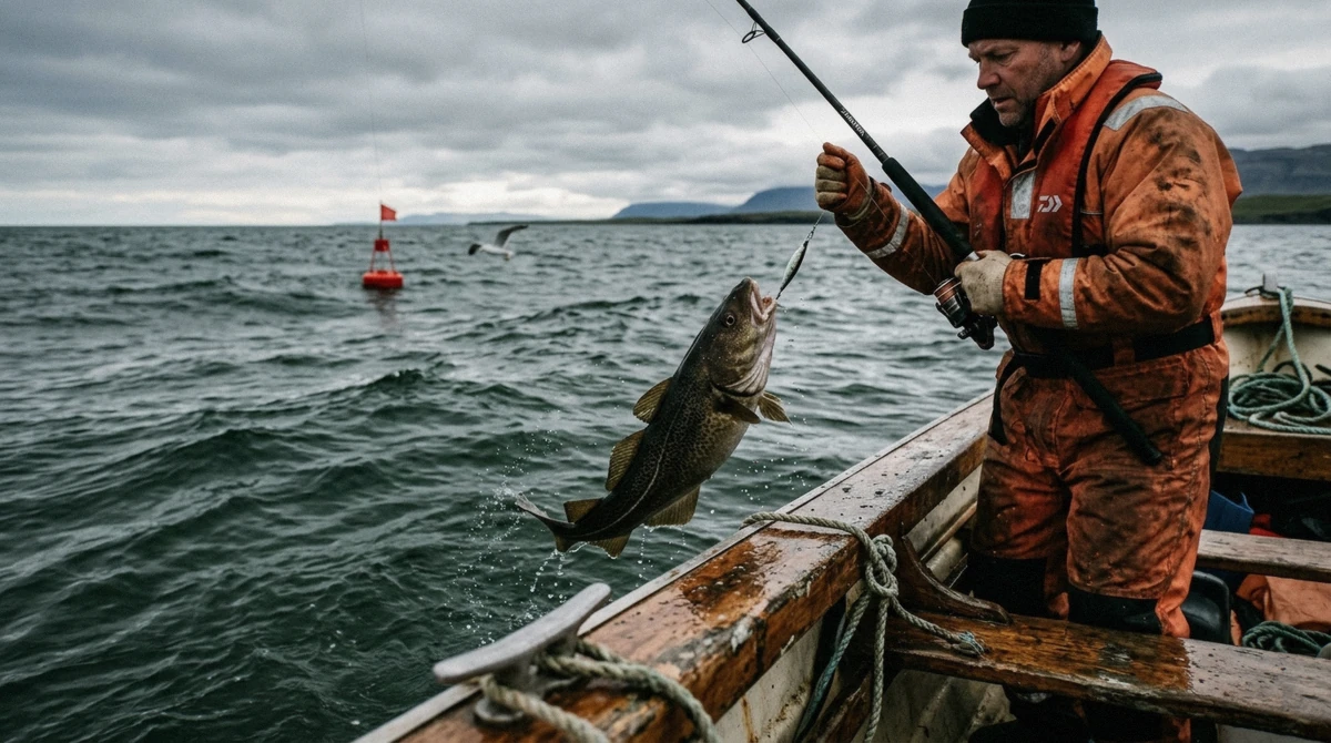 Angler in an orange flotation suit lifting a cod over the rail of a small boat in Faxaflói Bay, sea fishing in Iceland