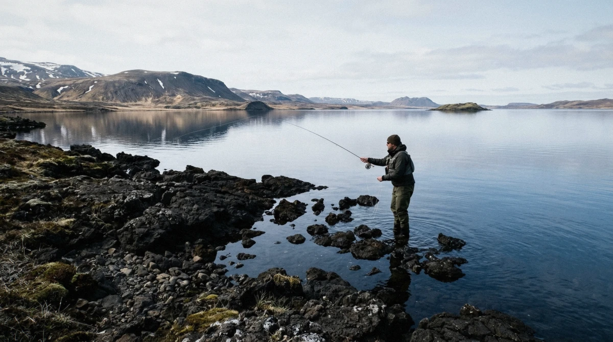 Angler in waders casting from dark lava rocks on the shore of Þingvallavatn, trout fishing in Iceland